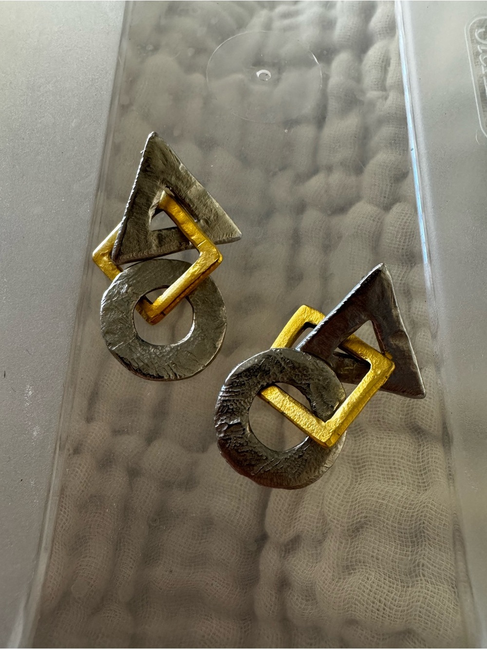 Geometric Mixed-Metal Drop Earrings — Gold & Gunmetal pierced